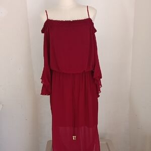 VTG City Triangles Women's Maxi Dress Sz L Red Sheer Off Shoulder Fairy Whimsy